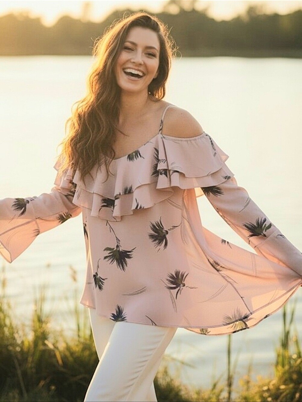 bp Pink Ruffled Cold-Shoulder Floral Blouse